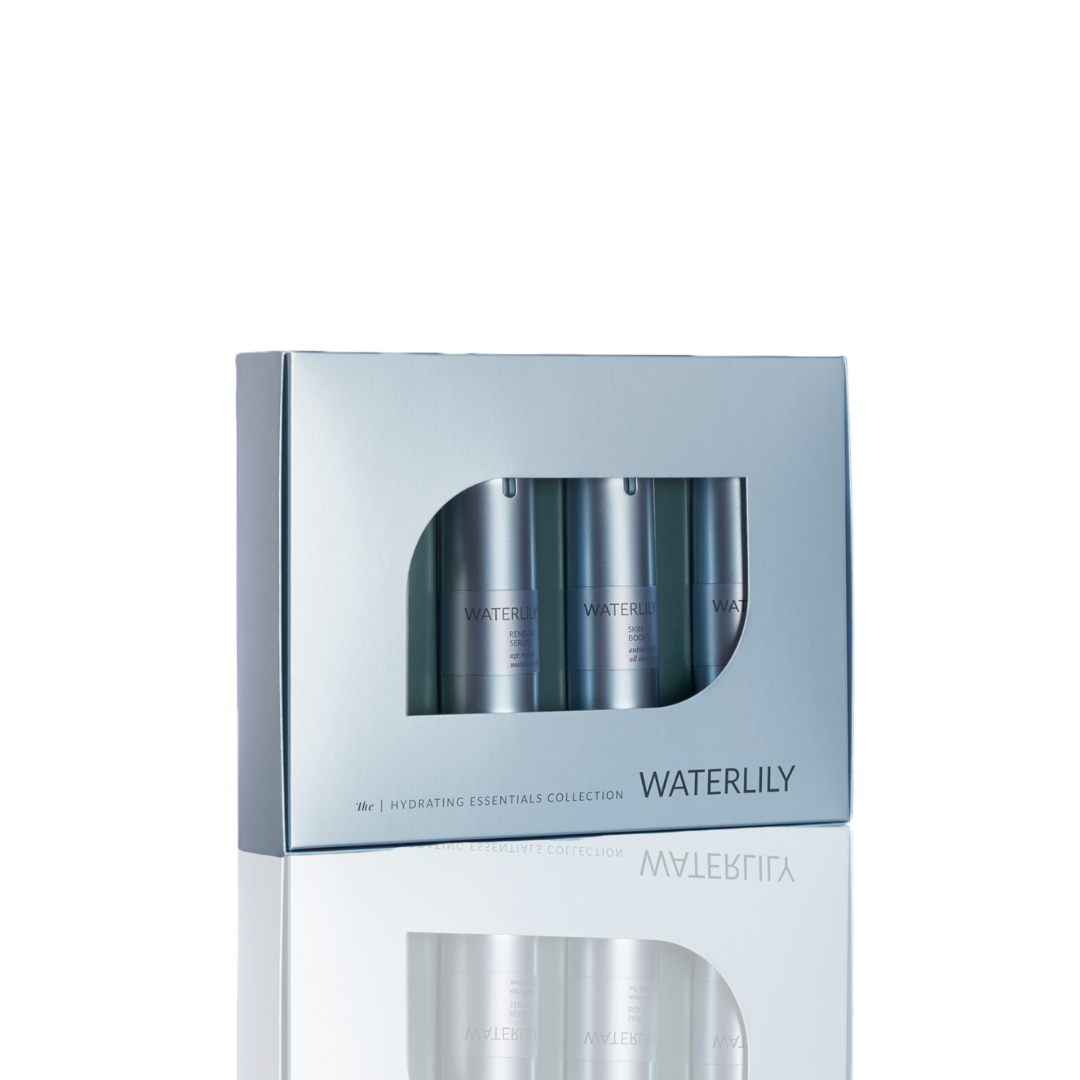 Skincare product set in a 'Waterlily' branded box on a white background