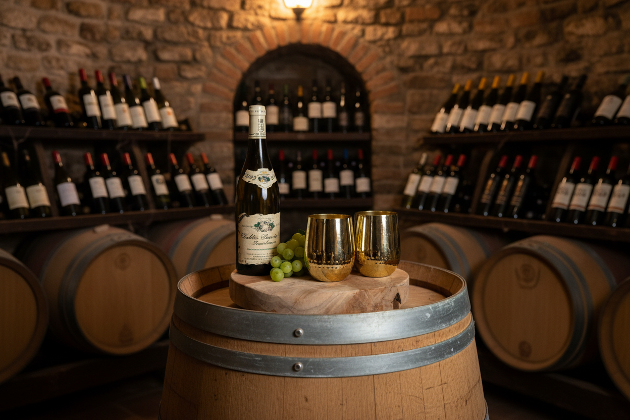 Golden Chablis Collection - Wine and Glasses on Barrel