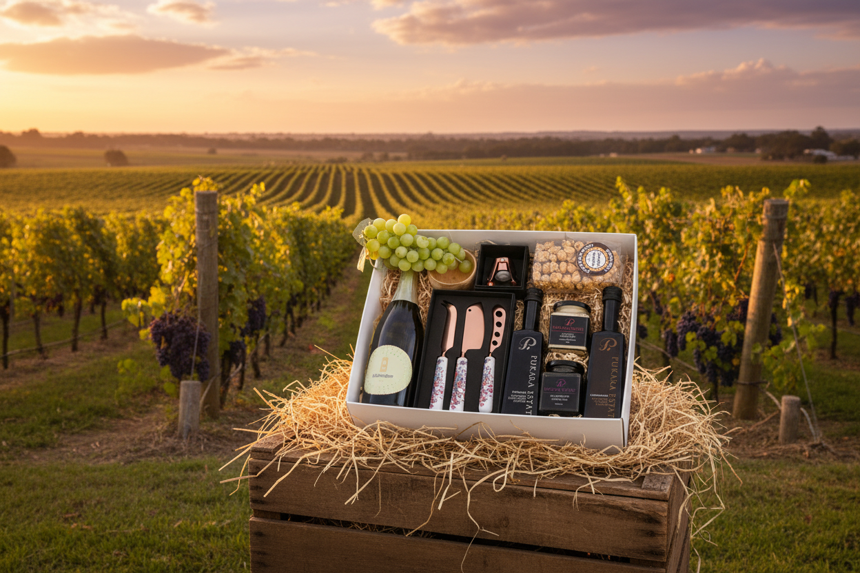 Gourmet Wine Hamper with Vineyard Background