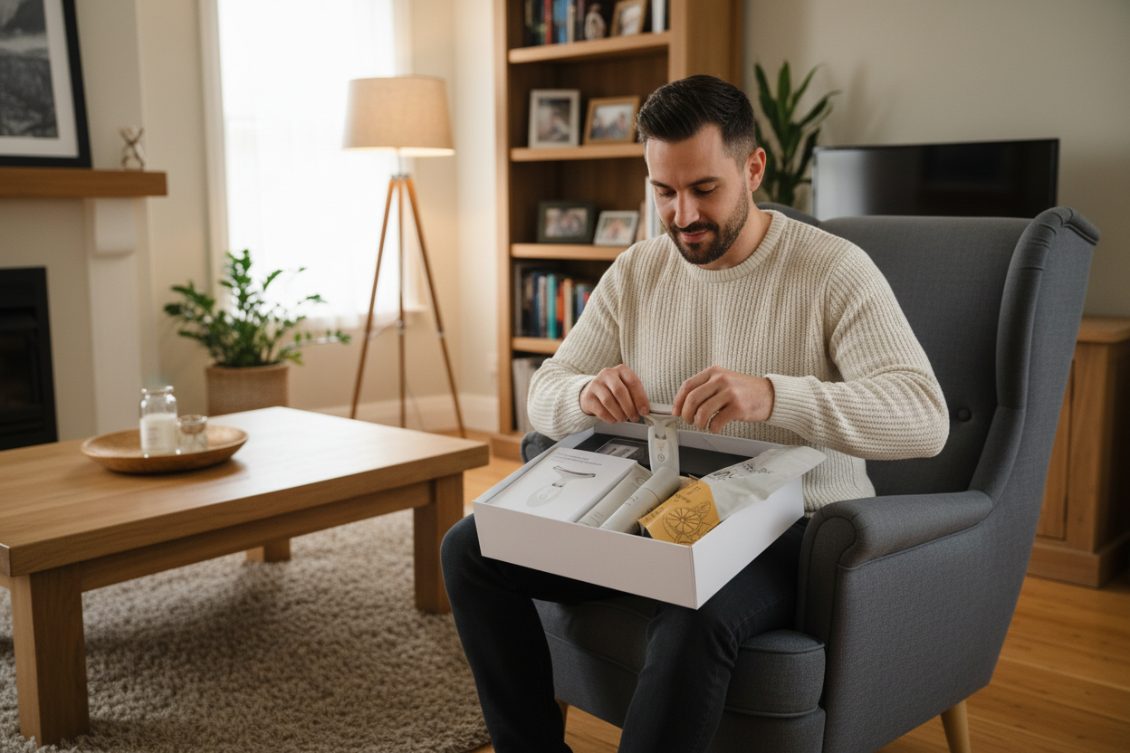 Man Opening Men's Wellness Hamper at Home