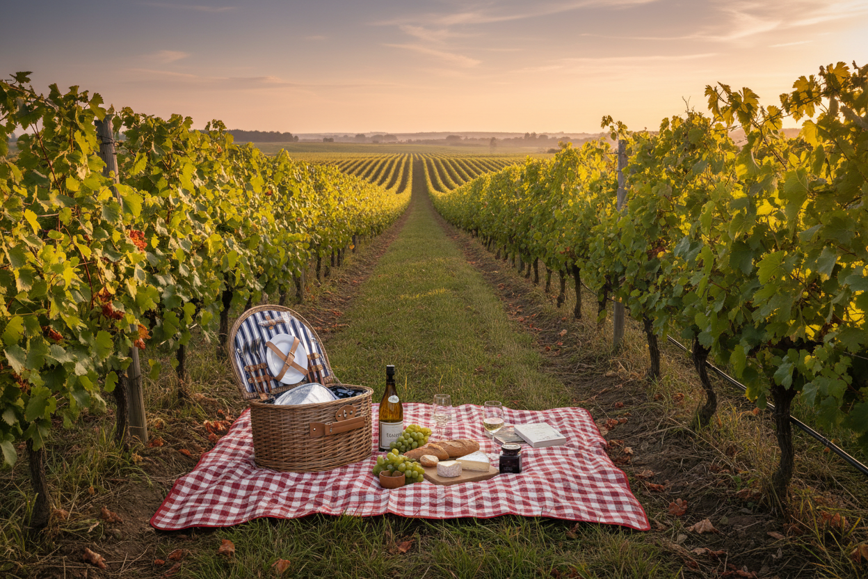 Picnic Hamper on Blanket in Vineyard