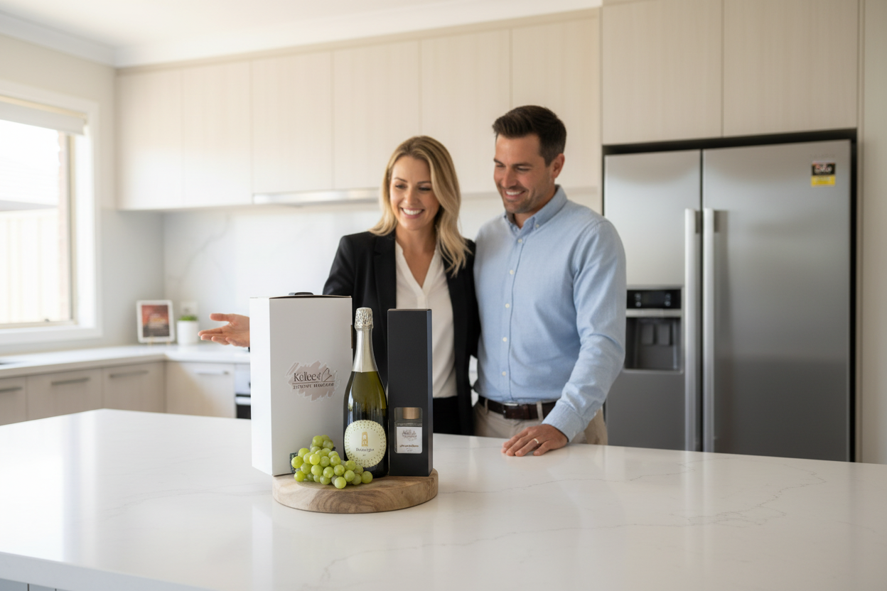 Wine and Diffuser Pack on Island Bench with Agent and Couple