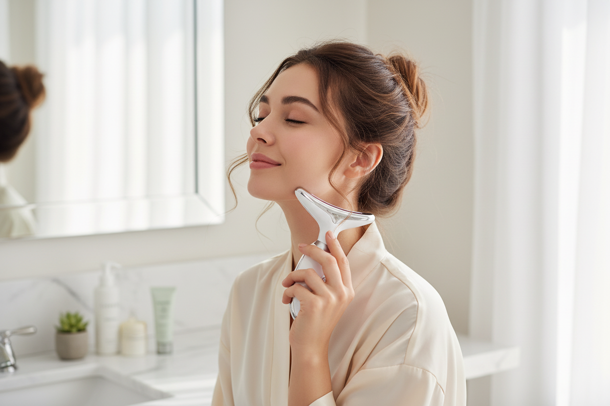 Woman Using LED Facial and Neck Massager